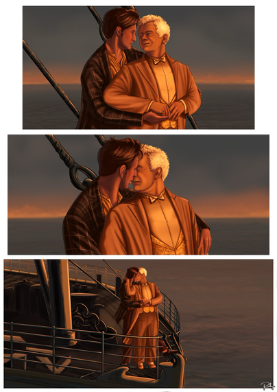 Page 2: Panel 1: They stand close, Aziraphale’s arms now lowered in front of the body and hands intertwined with Crowley’s. They gaze into each others eyes.  Panel 2: They lean in, faces inches apart.  Panel 3: A wide view from the side of the ship as the two share a tender kiss at the bow, silhouetted against the golden sea and sky.
