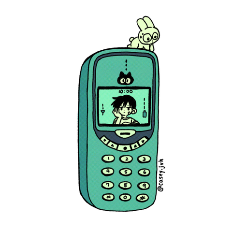 An illustration of a retro cellphone with a bored boy in the screen and a rabbit on top.