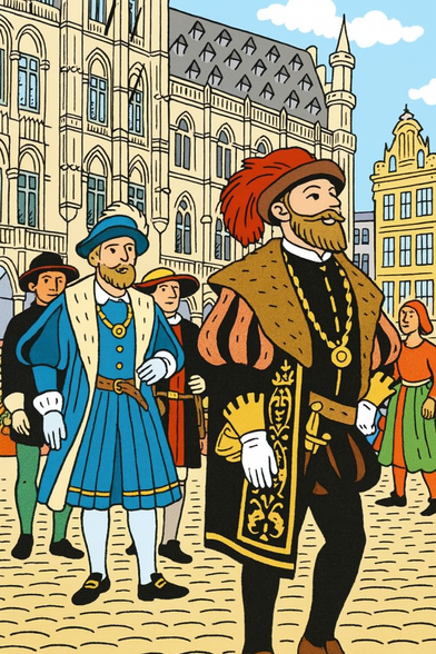 Une illustration colorée montre un défilé historique sur la Grand-Place de Bruxelles. Au premier plan, un homme barbu porte un chapeau rouge avec une plume, un manteau noir avec des détails dorés et une cape marron avec de la fourrure. Il porte des gants blancs. À gauche, un homme en bleu avec une ceinture marron et une cape blanche marche à côté de lui. Derrière, des hommes et femmes en habits rouges, verts et noirs suivent. Les bâtiments en arrière-plan sont grands, de couleur beige avec de nombreuses fenêtres et des toits gris pointus. Le ciel est bleu avec quelques nuages blancs.