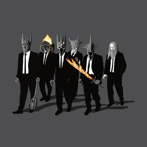 Fanart: An illustration inspired by characeters from the Quentin Tarantino film Reservoir Dogs, but with Tolkien's Sauron, Durin's Bane, Melkor, the Mouth of Sauron, The Witch-King of Angmar, and Saruman.
