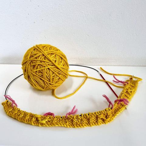 Angled view of a just cast-on knitting project on a circular needle against a white background. The yarn is bright yellow, the ball is also there.