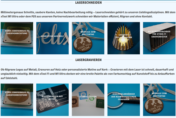 „Screenshot der neuen Portfolio-Seite von Kindeko.de mit Beispielbildern zu Laserschneiden und Lasergravieren. Oben Projekte wie Schriftzüge, Teelichthalter oder Vorrichtungen, unten Gravuren auf Metall, Holz, Kork und Klemmbausteinen.“