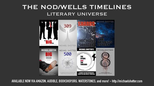 Books from The Nod/Wells Timelines literary universe by Michael Shotter, featuring "The Big Men," "309," "Shards," "The Nemesis Effect," "Big Man Down," "500," "The Spiral and The Threads," and "8"