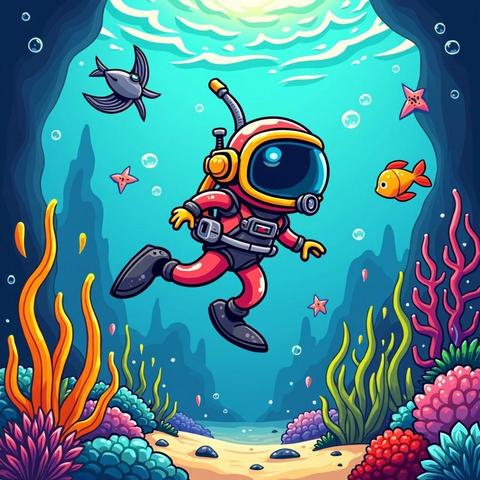 Model: Drunk Momi
(retro futuristic illustration, comic book, vector, 4k, hyper-detail) a deep sea diver on an ocean world