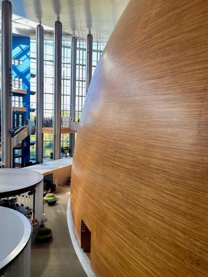 Blick auf den Plenarsaal im EU-Parlament. Ist von außen mit Holz verkleidet und sieht aus wie ein sehr großes Ei. Das Ei steht in einem Raum mit Glasfestern und Pfeilern, Man sieht links runde Kabinen für die Presse.