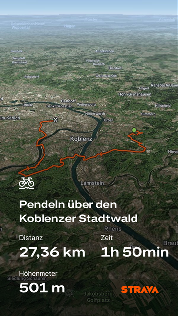 Satellitenbild mit eingezeichneter Fahrradtour von Koblenz Arenberg über den Rhein, durch den Koblenzer Stadtwald hinunter nach Güls über die Mosel um in Koblenz Bubenheim arbeiten zu gehen.