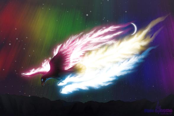Shade the AshClad in raven form, engulfed in flames the colours of the pansexual flag, diving through a sky alight with a rainbow aurora, talons outstretched and ready for a fight.