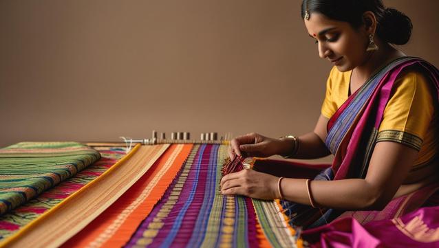 A skilled Indian woman artisan, dressed in a traditional saree, delicately handweaves vibrant silk threads on a loom, showcasing the intricate process of creating a Kanjeevaram saree.