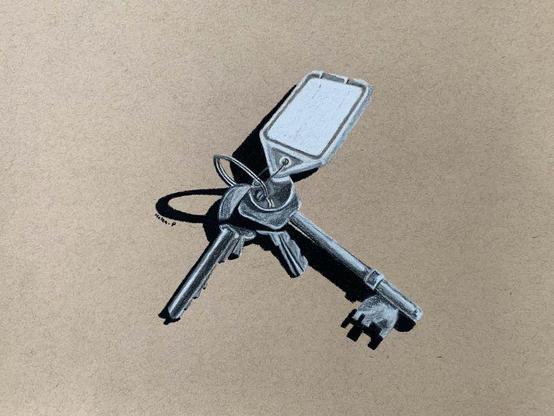 three kety and a keyring, draw in in chalk and charcoal on tan paper
