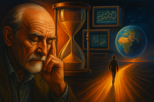 A surreal, retro-futuristic painting shows an elderly man deep in thought beside a glowing hourglass. Behind him, vintage monitors display graphs, and a figure walks a radiant path toward Earth in space.