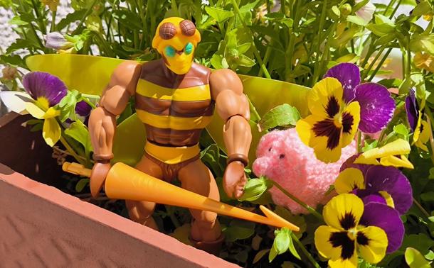 In einem Balkonkasten mit Stiefmütterchen stehen ein haekelschwein und eine bienenartige Actionfigur.