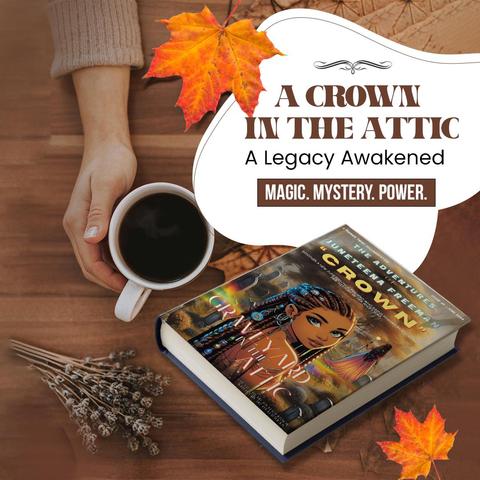 A fall-themed promotional image for the book Graveyard in the Attic by Dr. Phyllis Tucker-Wicks. A hand holds a cup of coffee on a wooden table next to dried lavender, autumn leaves, and a copy of the book featuring a young Black girl with braids and glowing jewelry. The text reads: "A Crown in the Attic — A Legacy Awakened. Magic Mystery Power."