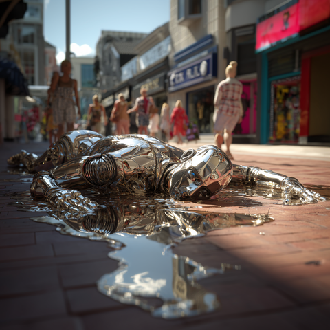 Midjourney Prompt: A detailed, photorealistic image of a humanoid robot lying sprawled in the middle of a busy pedestrian shopping zone. The robot appears to be sleeping or deactivated, with closed eye panels. Under the intense, scorching midday sun, its metallic body is literally melting like liquid mercury, dripping and pooling on the hot pavement. Steam rises from the melting metal. Pedestrians walk around the bizarre scene, casting concerned glances. Vibrant storefronts visible in background. Hyper-detailed textures of the melting metal reflecting sunlight, 8k resolution, cinematic lighting --v 7