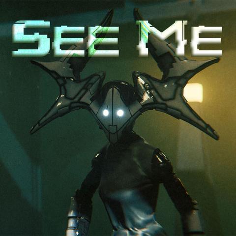 A robot with large "horn-like" protrusions from the sides of its head.  "See Me" is written on top.