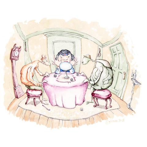 My watercolor painting titled “Expectations of Fortune” is set in a small room with a table and three seated figures. A fortune teller gazes into a crystal ball as two fanciful figures on opposite sides of the table also stare intently into the crystal ball. 