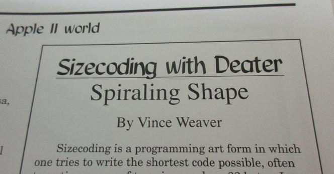 portion of the most recent Juiced.GS magazine showing the article "Sizecoding with Deater" "Spiraling Shape"