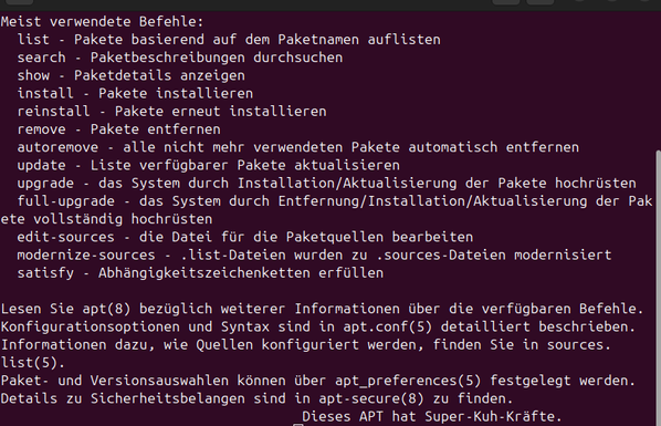 apt Befehl unter #linux. Es erscheint die #super #kuh :-)

