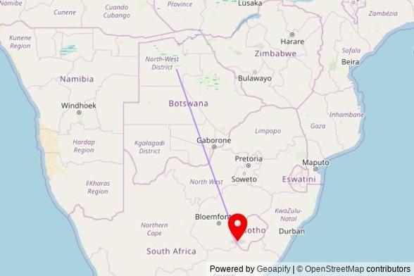 A map showing the great circle route from Maun in Botswana to a map pin at St. Patric's Catholic Mission, Motlejoeng Road, Mohale's Hoek, Lesotho