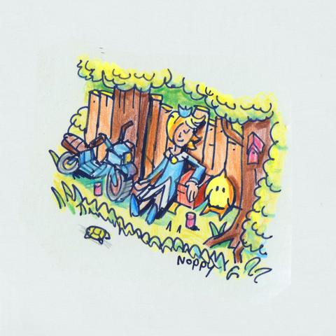 A peaceful and chill Rosalina and her star buddy rest agains a wooden fence flanked by trees. Her bike is parked as well.