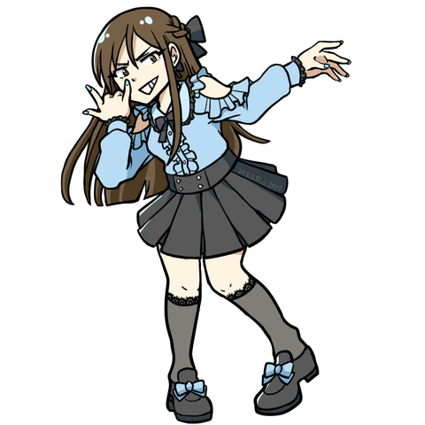 brown long haired woman side-eyeing to the left. She is wearing a light blue frilly long sleeved open shoulder blouse and black skirt. knee high opaque socks and black loafers with light blue ribbons