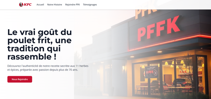 Je viens de terminer une nouvelle page web pour le restaurant PFK. N'hésitez pas à jeter un œil et à me faire part de vos commentaires. Bonne soirée !