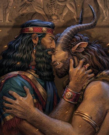 Digital art of Gilgamesh kissing Enkidu on the brow. His hands a tenderly around Enkidu's neck while Enkidu holds him by the shoulders. Behind them is a wall with a relief.