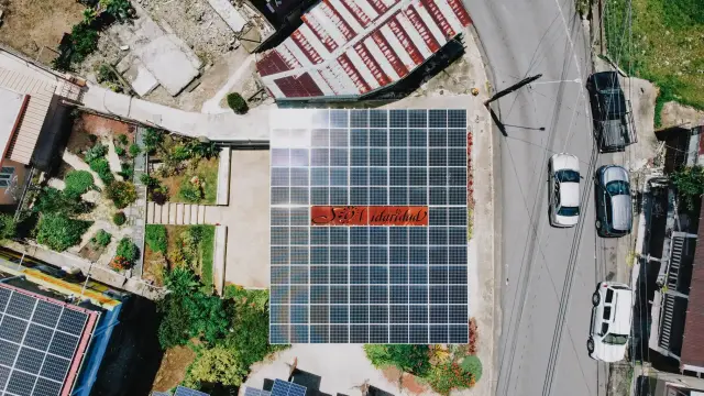 Casa Pueblo’s public community center is covered by 114 photovoltaic solar panels that power an 80-kilowatt-hour battery bank that is available to the public to charge their phones or power other devices

Photograph: Jesse Ilan Kornbluth

