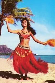 Hawaiian Woman in red garment dancing on the beach 