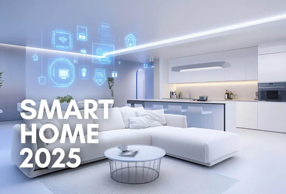 Modern living room with smart lighting, voice assistant device, and connected appliances representing a 2025 smart home setup.

