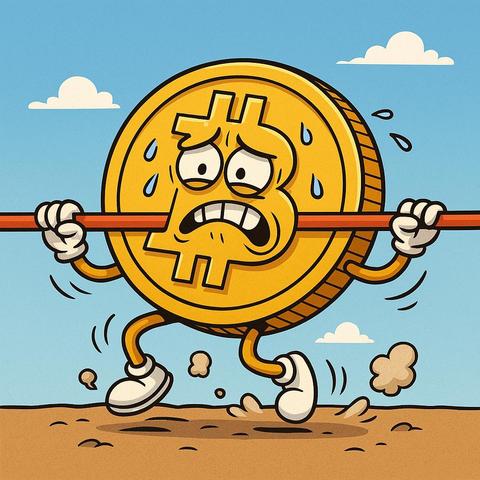 The image shows a cartoon-style Bitcoin character—complete with arms, legs, and a sweaty face—struggling to lift a heavy barbell. It’s set outdoors under a bright blue sky with a few clouds, and the coin’s strained expression hilariously captures the pressure Bitcoin’s under. It’s a clever metaphor for how the crypto market feels right now: trying hard to keep the weight up, but clearly buckling.