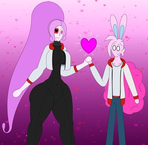 Noria is owned by SlimyHearts
Wallter is owned by ZantyBunny
Fanart of Noria and Wallter happily holding hands, with a magenta-colored heart floating above the hand holding. The background is pink with some smaller hearts scattered everywhere.
