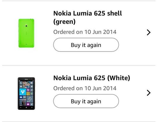 Screenshot from amazon app showing the purchase history of nokia lumia 625 and a green case for it. Ordered both on 2014 june. 