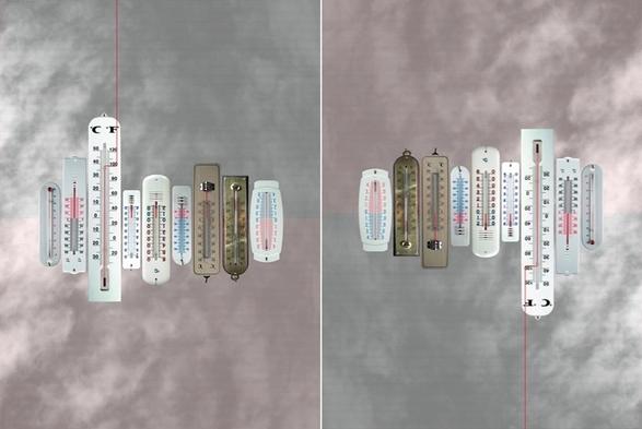 Indiscipline, 2008
9 different plastic and wood thermometers are lined up against a stormy cloudy background. Eight of them are on 0 while one loses control. 
Two posters presented in both directions

100 copies on white paper matt, 200gr, numbered, signed, 70 x 50 cm

