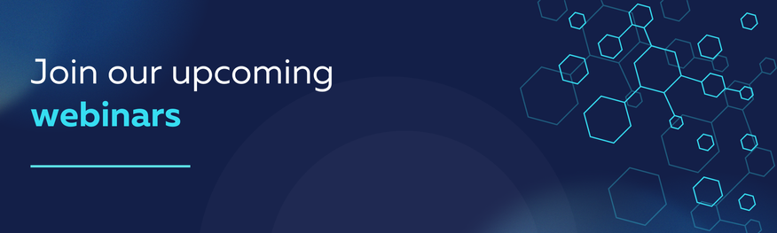 Dark blue graphic with geometric hexagon shapes on the right side. On the left, the text reads: 'Join our upcoming webinars' with the word 'webinars' highlighted in light blue. #ripencctraining #ripenccwebinar