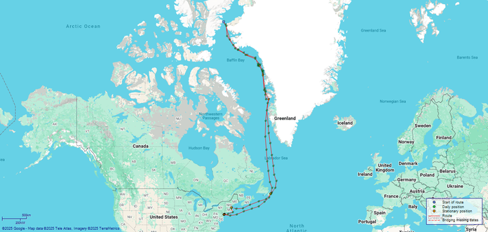 Map showing the 1884 voyages of USS Thetis, part of the Greely Rescue Mission, to Greenland and the Canadian Arctic.