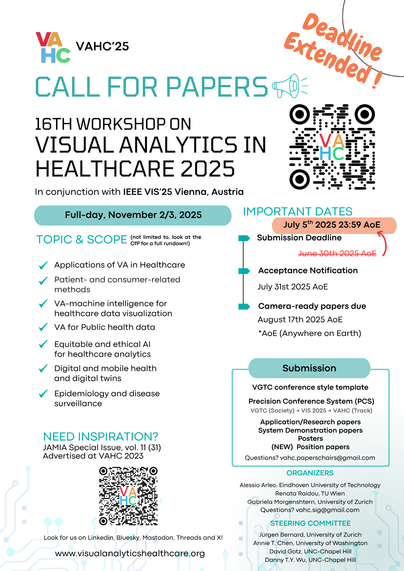 Great news! 🚨 The VAHC 2025 deadline has been extended to July 5 23:59 AoE!
If you’ve got ideas at the intersection of AI, visualization, and healthcare, now’s your chance.