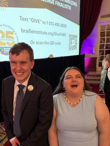Picture of Claire Stanley (right), a Braille Challenge alum, and former ACB scholarship recipient Mitchell Bridwell (left) at the award ceremony for the Braille Challenge Finals.
