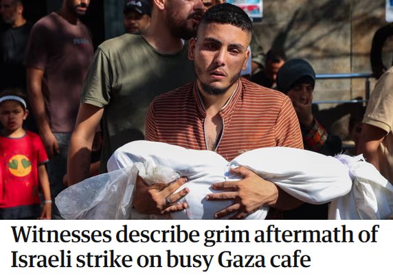 Witnesses describe grim aftermath of Israeli strike on busy Gaza cafe.
