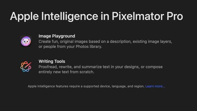 Apple Intelligence in Pixelmator Pro. Image Playground and Writing Tools.