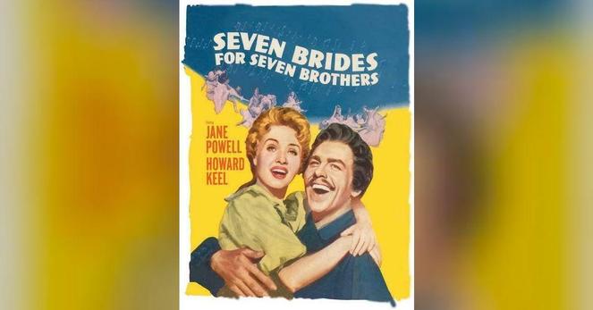 Poster for the film, Seven Brides for Seven Brothers. Features Jane Powell being picked up by Howard Keel. 