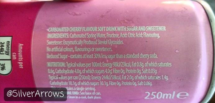 Ingredients shows carbonated spring water, fructose, citric acid, flavouring, sweetener: enzymatically produced steviol glycosides