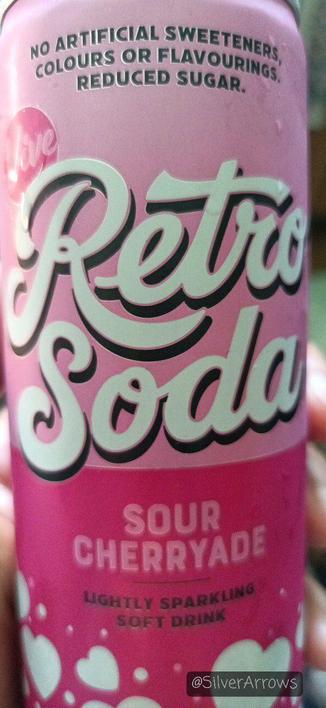 A pink fizzy drinks can. Retro Soda. Sour cherryade.

No artifical sweeteners, colours or flavourings. Reduced sugar. Lightly sparkling soft drink. 