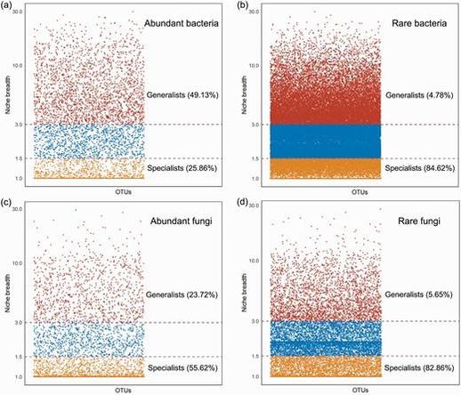 Niche breadth of abundant bacteria (a), rare bacteria (b), abundant fungi (c) and rare fungi (d).
