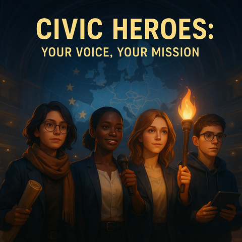 Four diverse young people stand in a futuristic European-style civic hall. Behind them glows a holographic map of Europe. Each holds a symbolic object: a scroll, microphone, torch, or tablet. The image evokes digital democracy, youth leadership, and civic unity across borders.

