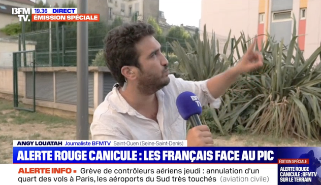 Photo journaliste BFM en reportage dans Paris 18, immeuble et palmier (mourant) 