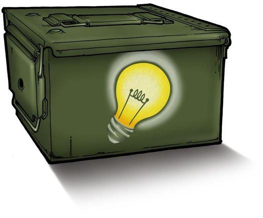 human catalyst: an illustration of a green metal toolbox with a glowing lightbulb on the side . Photo attribution: Flickr user rustychainsaw
