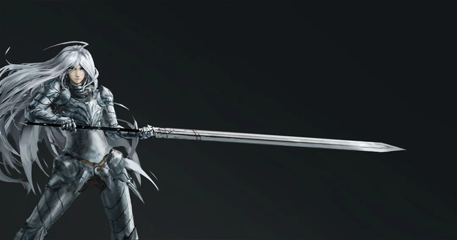The image depicts a character in a dynamic pose, holding a large, ornate sword. The character is clad in detailed, silver armor that covers the body, with intricate designs and a metallic sheen. The armor appears to be segmented, allowing for mobility while providing protection. The character has long, flowing white hair that adds a sense of movement and grace. The sword is long and slender, with a sharp point and a detailed hilt, suggesting it is a weapon of significance. The background is a solid dark color, which contrasts with the character and highlights their features. The character's stance is confident and ready for action, with the sword held out in front, indicating a readiness to engage.