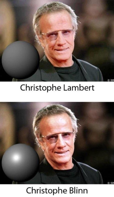 Two photos of the actor Christophe Lambert stacked on top of each other; the top one is unmodified and features a Lambert shaded gray sphere next to his face.  The lower picture has been edited with Christophe's face a lot shinier, with more specular highlights.  Next to this face is a Blinn shaded sphere.  The caption under this second Christophe Lambert is "Christophe Blinn".