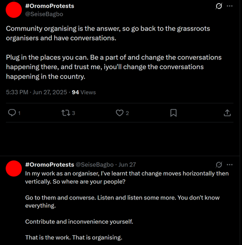 The image shows a screenshot of a Twitter conversation. The first tweet, posted by [@]SeiseBagbo, is about community organizing. It reads: "Community organising is the answer, so go back to the grassroots organisers and have conversations. Plug in the places you can. Be a part of and change the conversations happening there, and trust me, iyou'll change the conversations happening in the country." The tweet has 94 views, 1 reply, 3 retweets, and 2 likes. The second tweet, also by [@]SeiseBagbo, is a reply to the first one. It reads: "In my work as an organiser, I've learnt that change moves horizontally then vertically. So where are your people? Go to them and converse. Listen and listen some more. You don't know everything. Contribute and inconvenience yourself. That is the work. That is organising." The second tweet is timestamped as being posted on June 27. The background of the image is black, and the text is white, with the Twitter interface elements visible at the top and bottom.