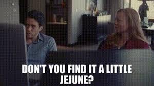 succession screenshot: A man (Nate) and a woman (Shiv) are sitting at a desk, looking at a computer. The woman poses a question shown in text at the bottom: "DON'T YOU FIND IT A LITTLE JEJUNE?" 